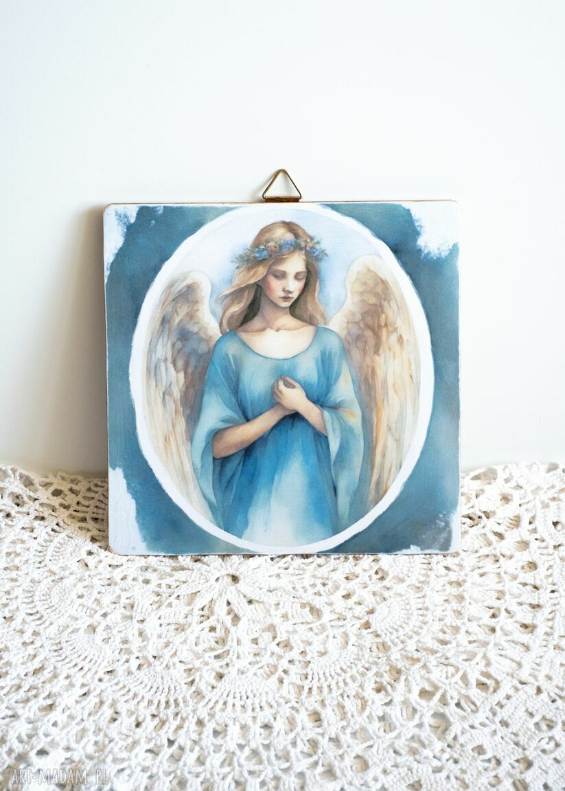 Słodki obrazek Anioł Stróż dla dziewczynki - 20x20 cm na drewnianej deseczce