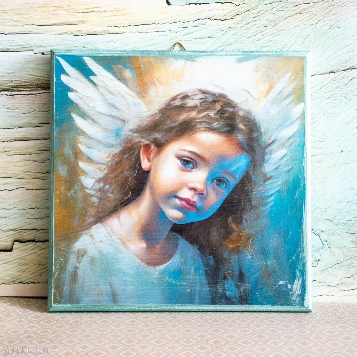 Słodki obrazek - Aniołek dla dziewczynki na komunię i chrzest (styl rustykalny, 20x20 cm)
