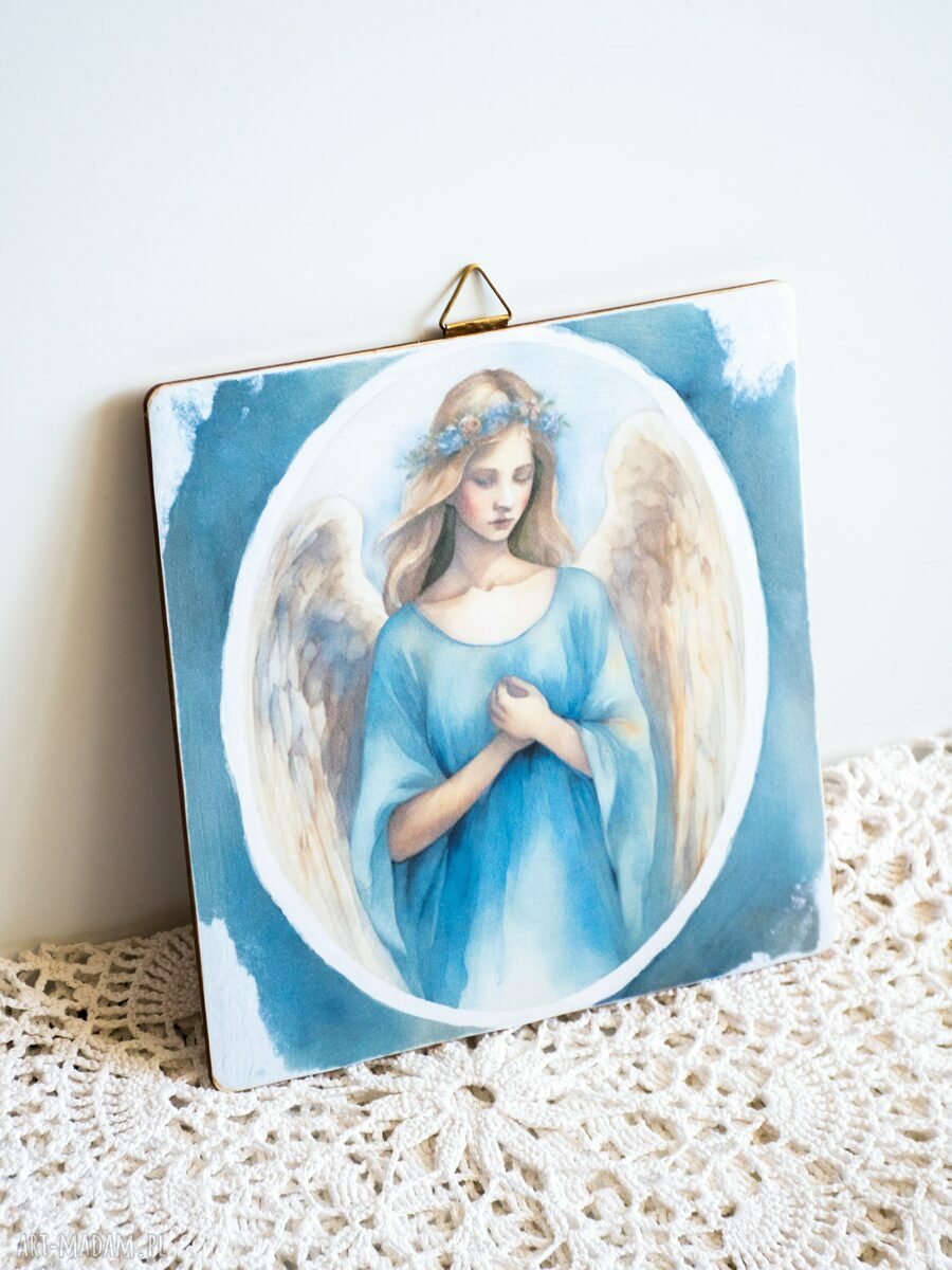 Słodki obrazek Anioł Stróż dla dziewczynki - 20x20 cm na drewnianej deseczce