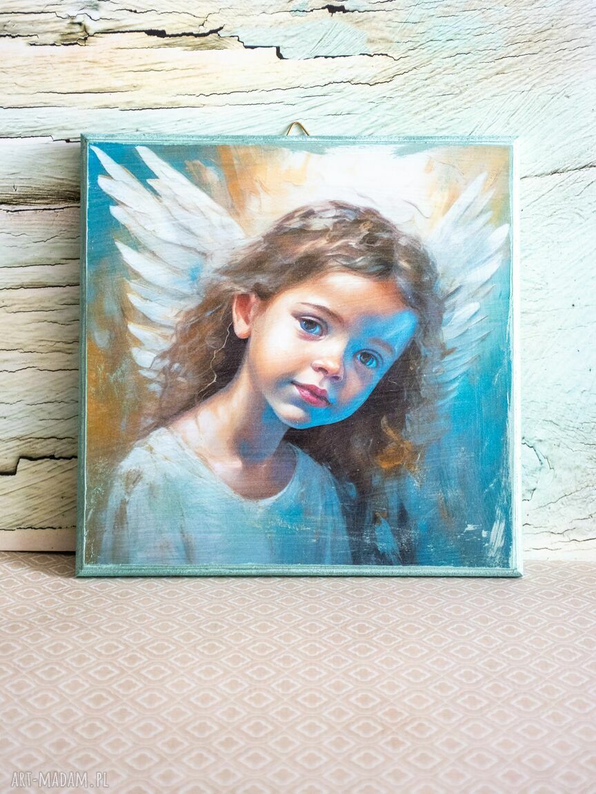 Słodki obrazek - Aniołek dla dziewczynki na komunię i chrzest (styl rustykalny, 20x20 cm)