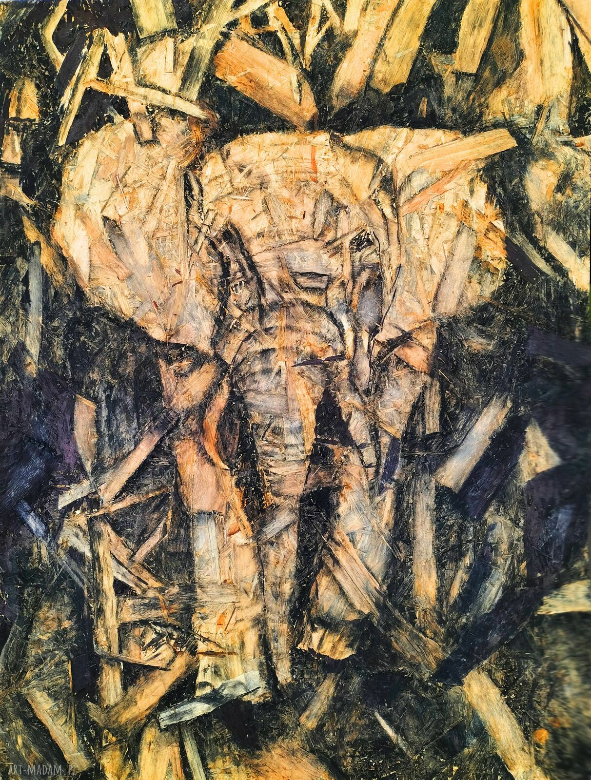 Duży obraz „Słoń” malowany węglem na płycie OSB 83 x 62 cm