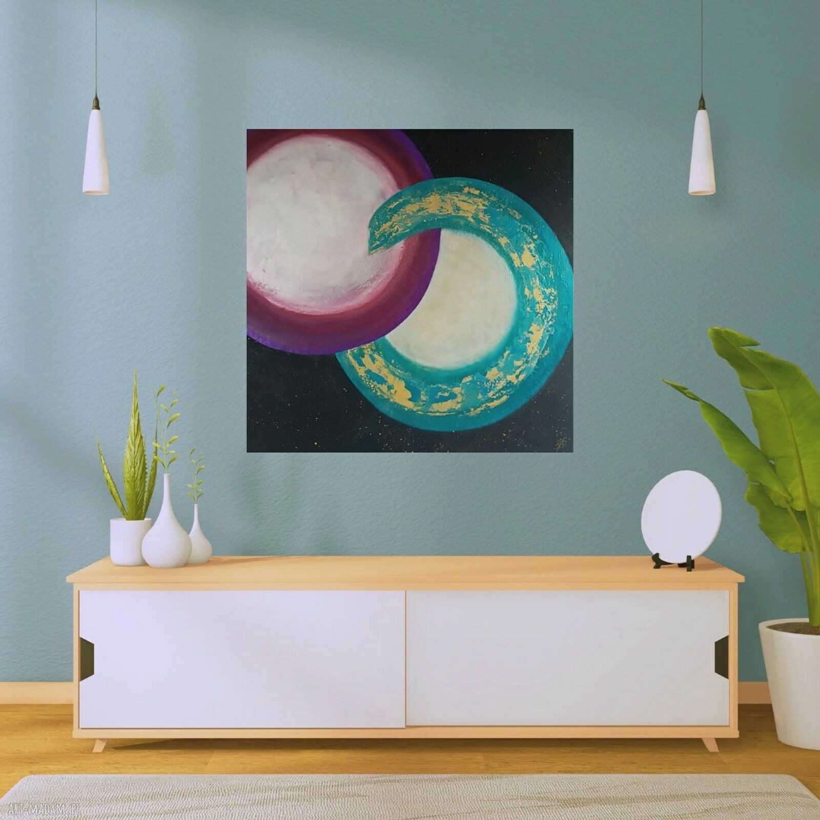 Słońce i Księżyc - ręcznie malowany obraz 80x80 cm z metalicznym efektem
