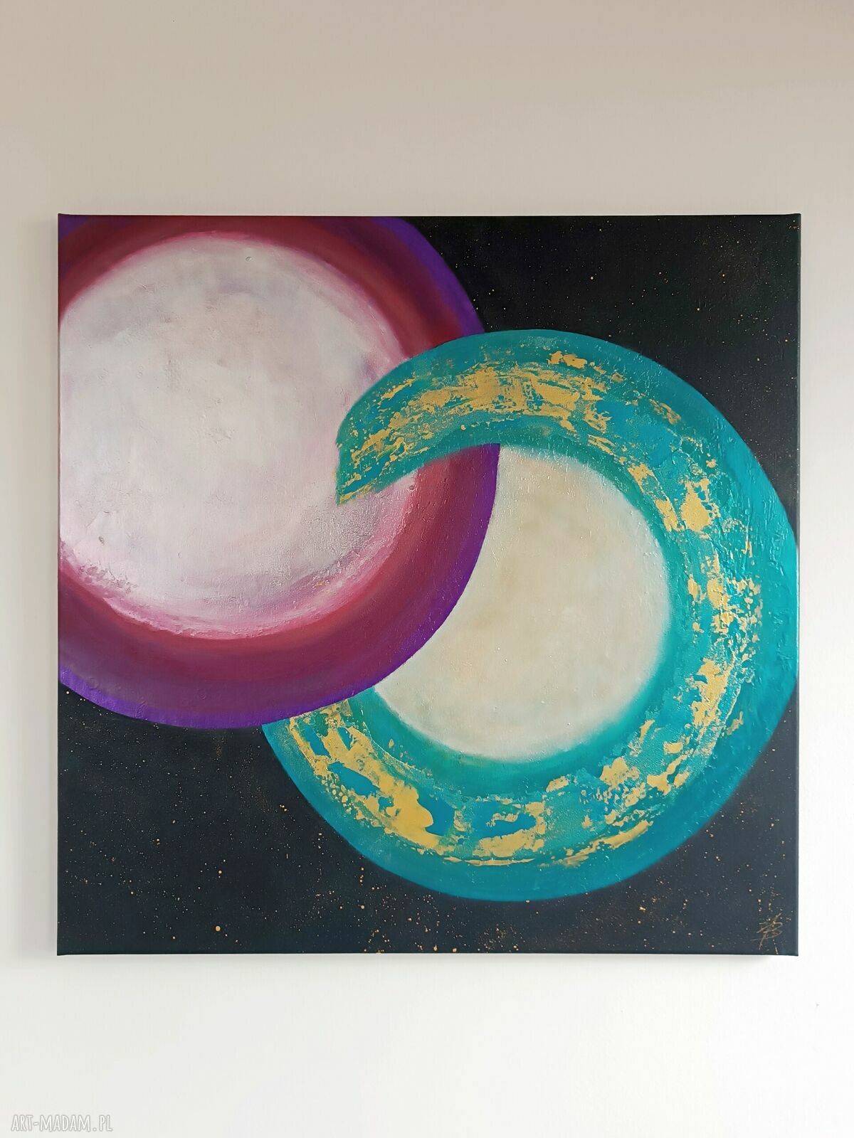 Słońce i Księżyc - ręcznie malowany obraz 80x80 cm z metalicznym efektem