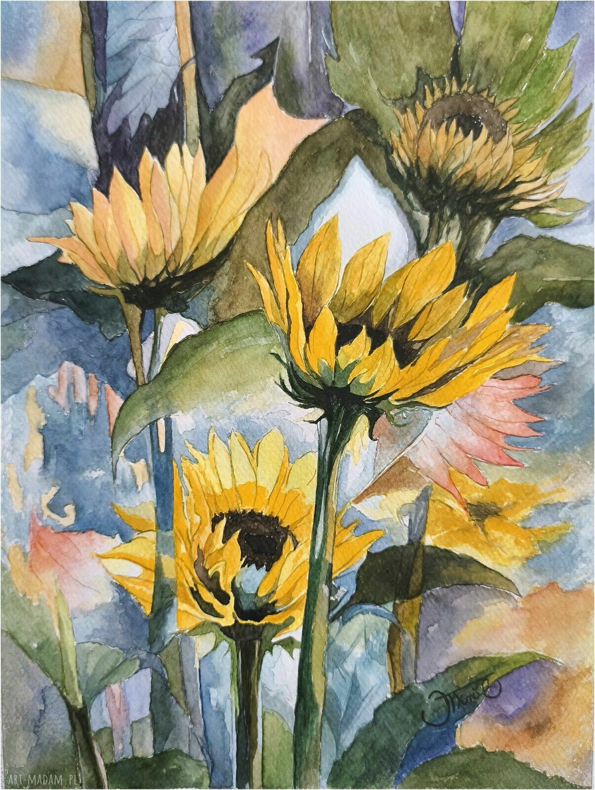 Słoneczne refleksy - akwarela 24x32 cm ze słonecznikami oryginał