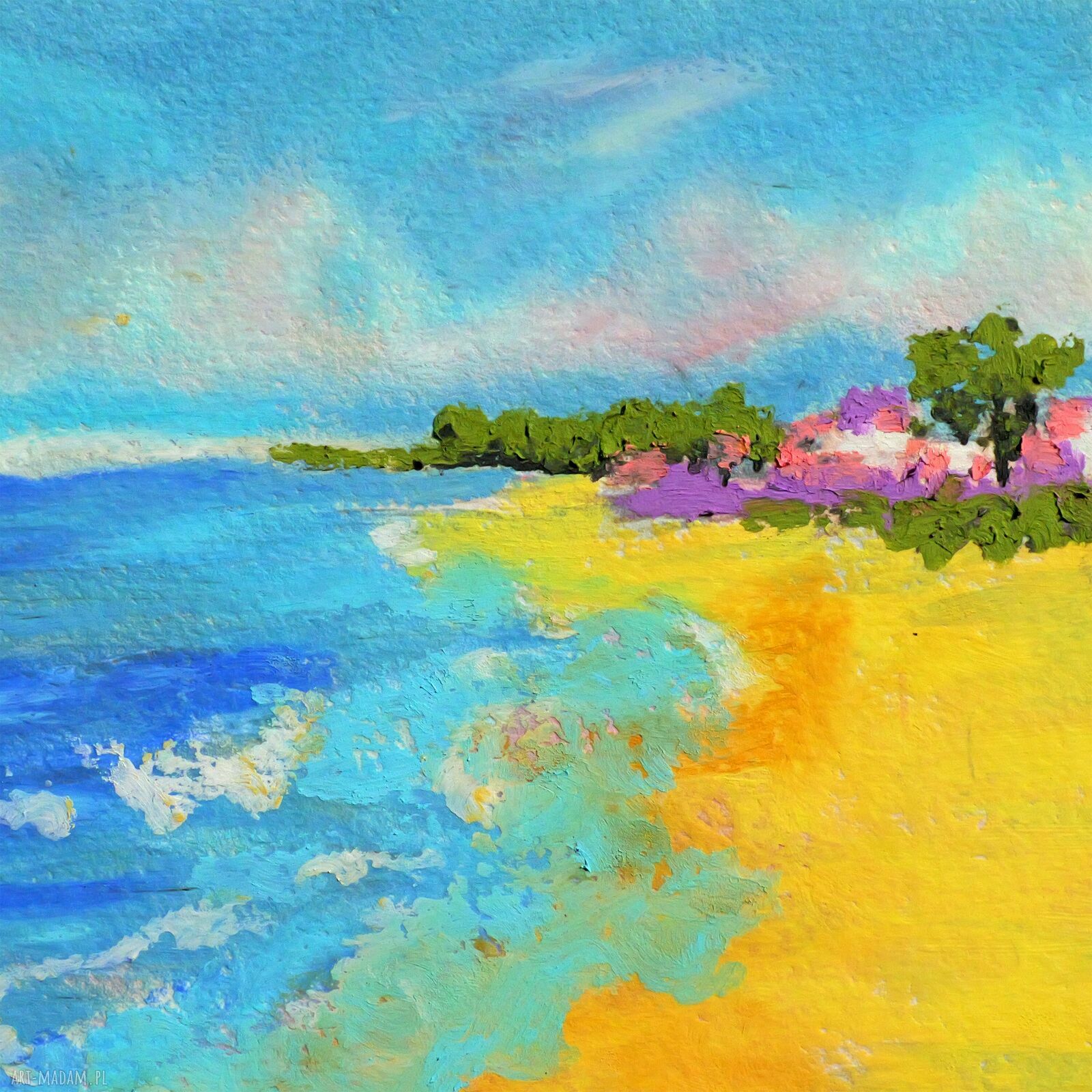 Słoneczne wybrzeże - oryginalny obraz pastelą olejną 15x15 cm