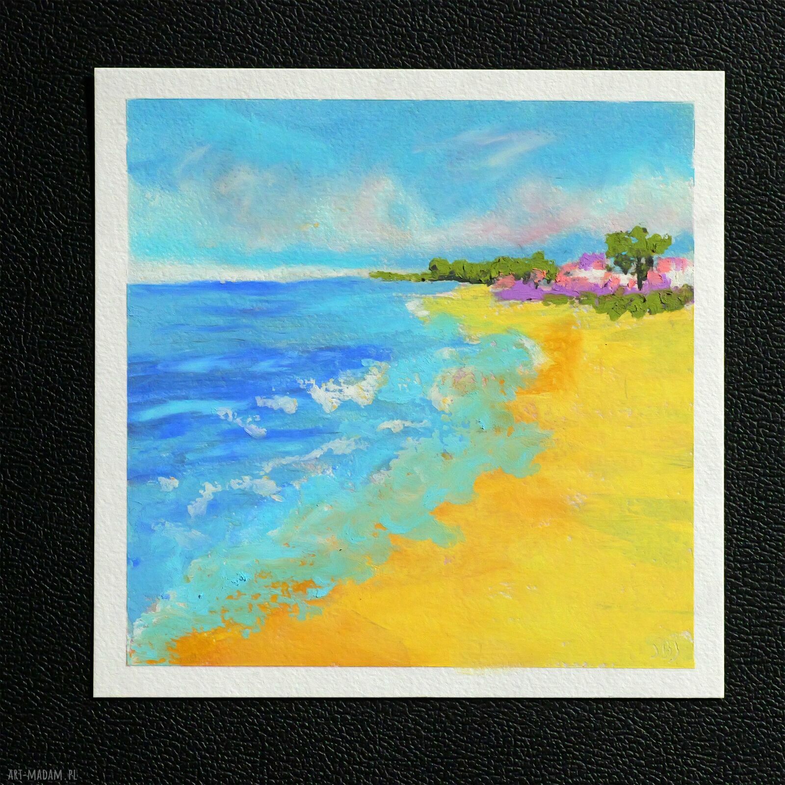 Słoneczne wybrzeże - oryginalny obraz pastelą olejną 15x15 cm