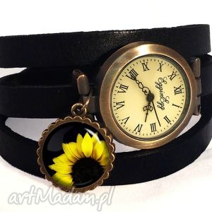 słonecznik - zegarek bransoletka na skórzanym pasku