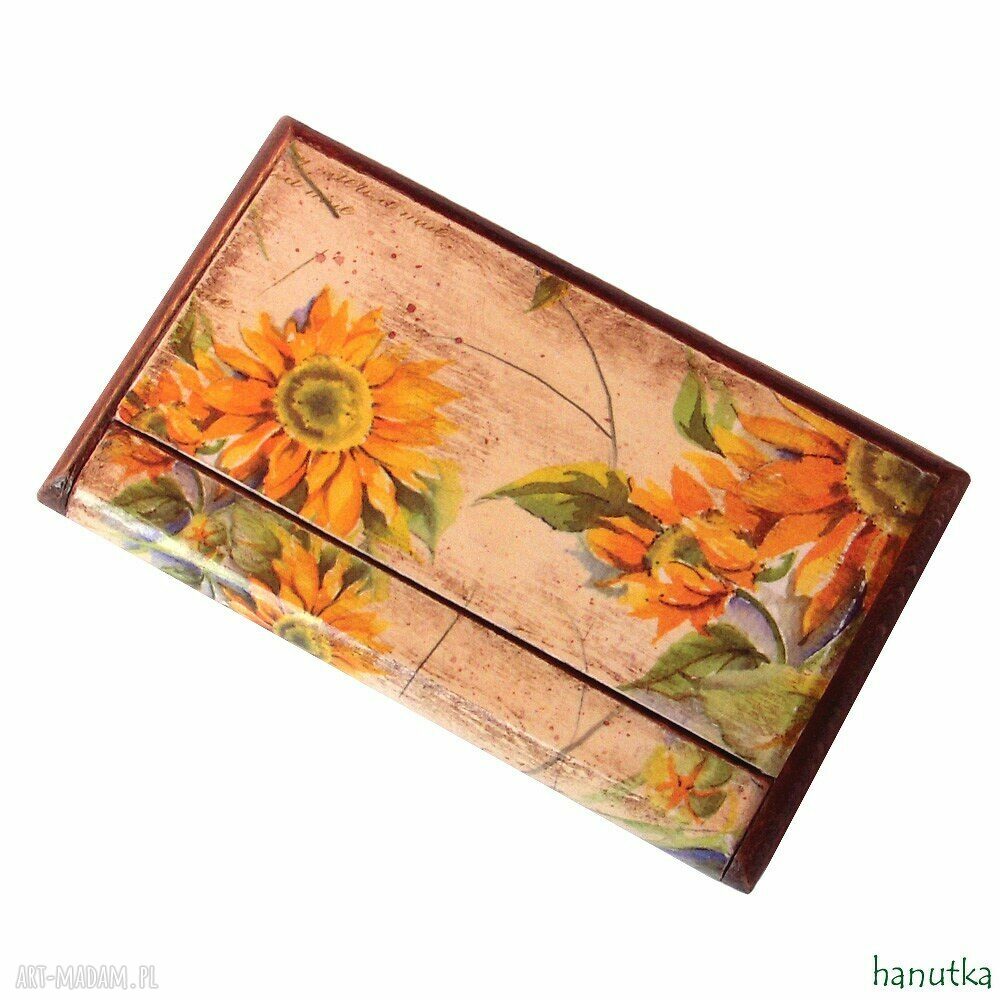 Drewniany wizytownik SŁONECZNIKI - ręcznie robiony decoupage vintage
