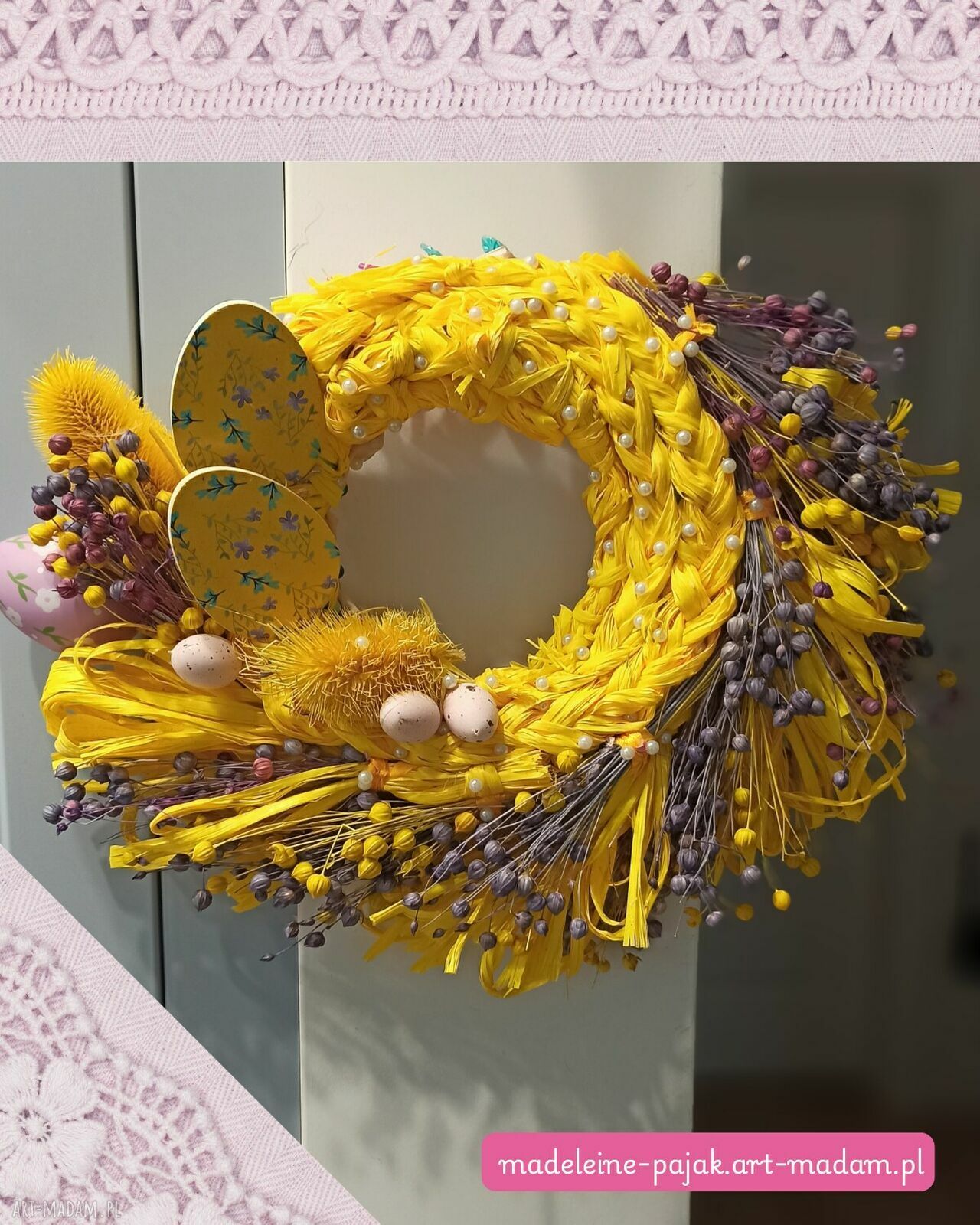 Wianek wielkanocny „Słoneczny Poranek” - żółty, fioletowy i perły (38 cm)