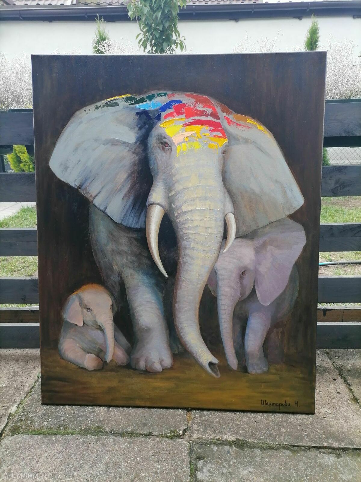 Rodzina słoni - obraz olejny na płótnie 100x80 cm