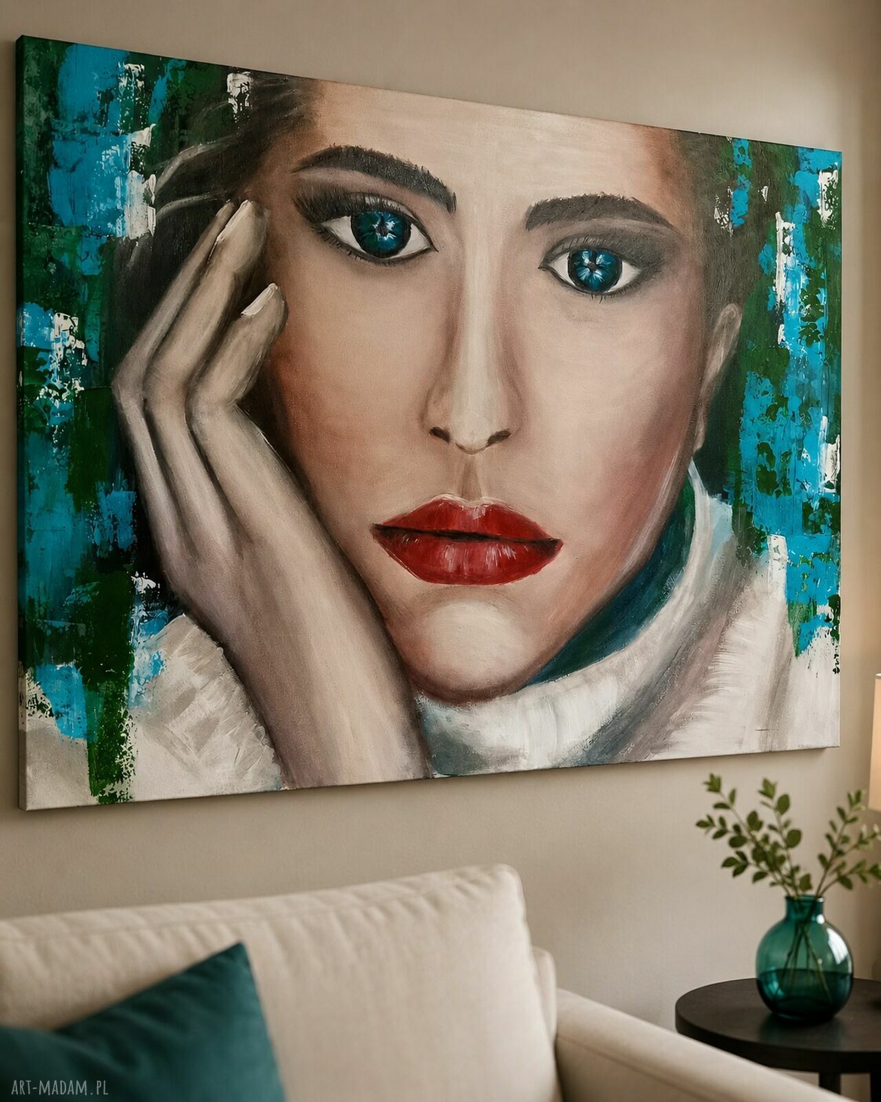 Słowa niewypowiedziane - ręcznie malowany obraz kobieta do salonu 90x60