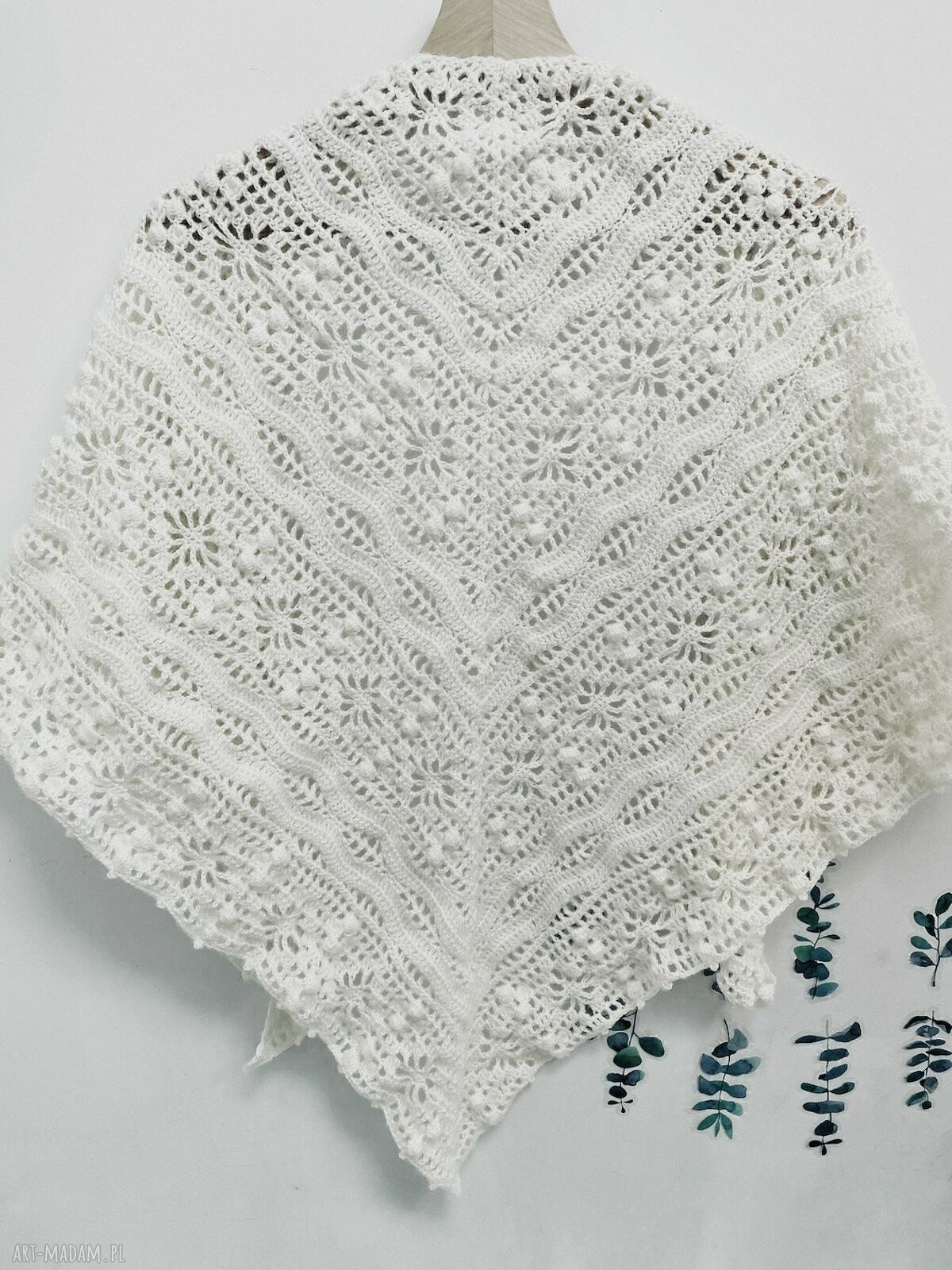 Chusta ślubna handmade biała szydełkowana Daisy Chain z merino