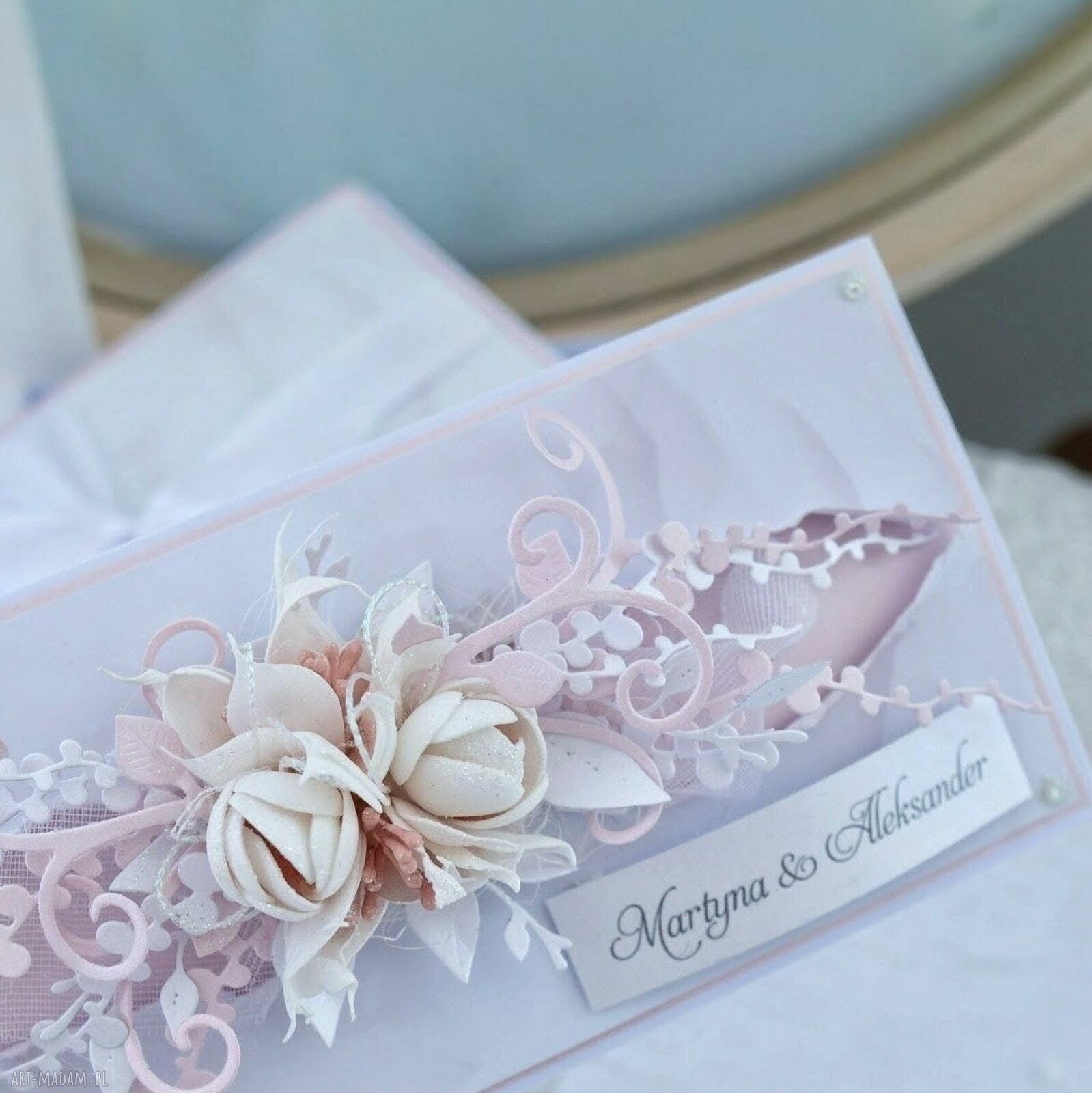 Kartka ślubna w pudrowym różu personalizowana