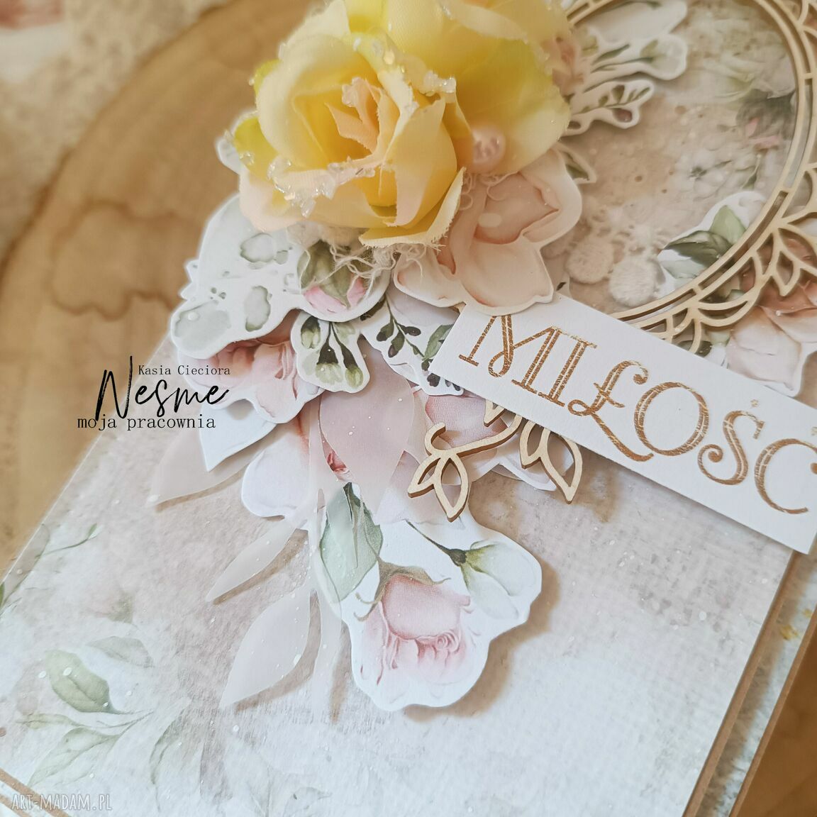 Ślubna kartka vintage z kwiatami - ręcznie robiona na prezent