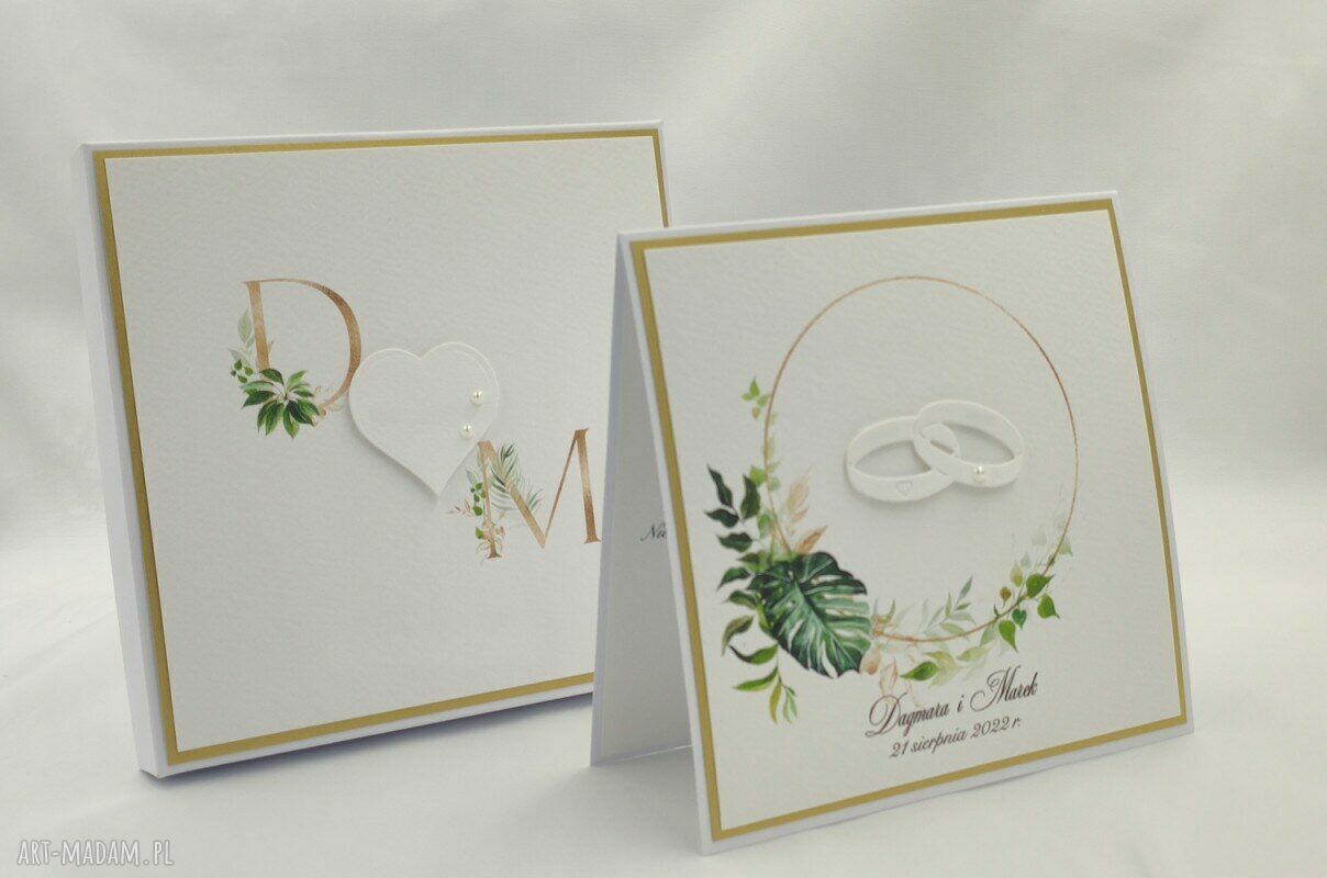 Personalizowana kartka ślubna w pudełku z inicjałami - białe i perłowe złoto (14x14 cm)