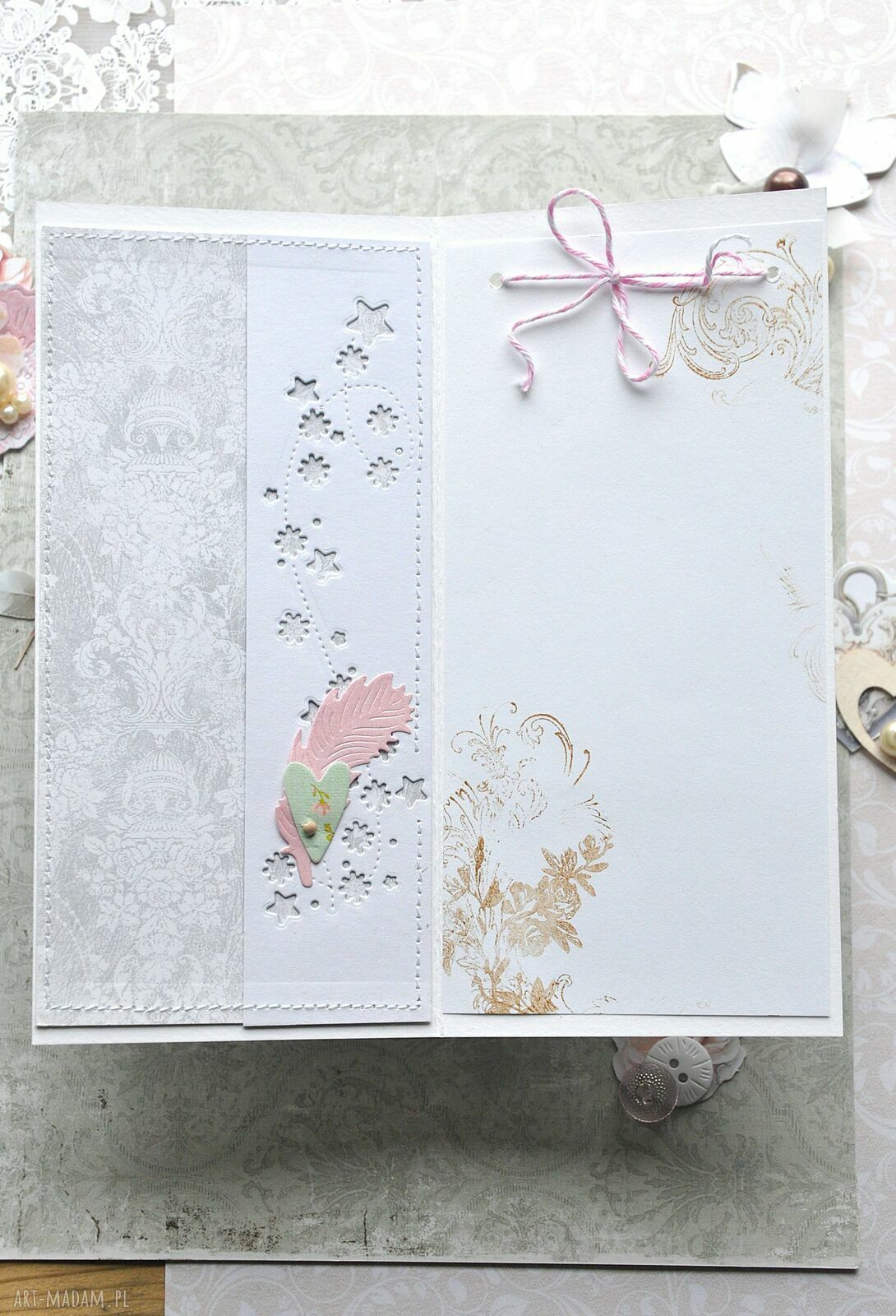 Kartka ślubna scrapbooking w pastelach - miejsce na prezent pieniężny