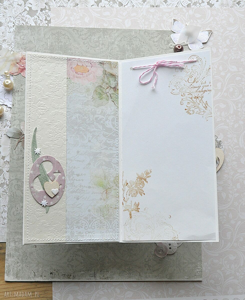 Kartka ślubna scrapbooking dla nowożeńców - gratulacje z miejscem na prezent pieniężny