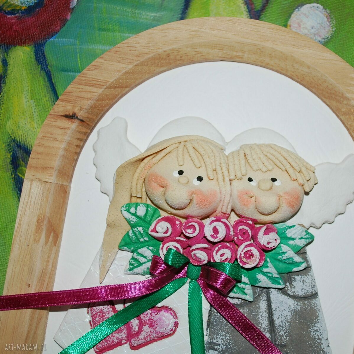Aniołki z masy solnej w ramce - ślubna lub jubileuszowa pamiątka