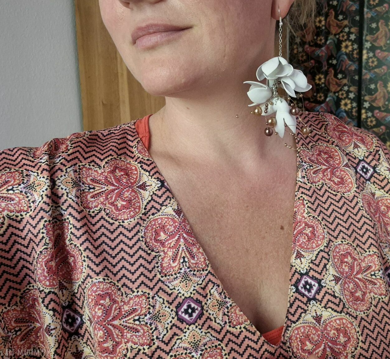 Kolczyki ślubne białe - lekkie folk boho Frida
