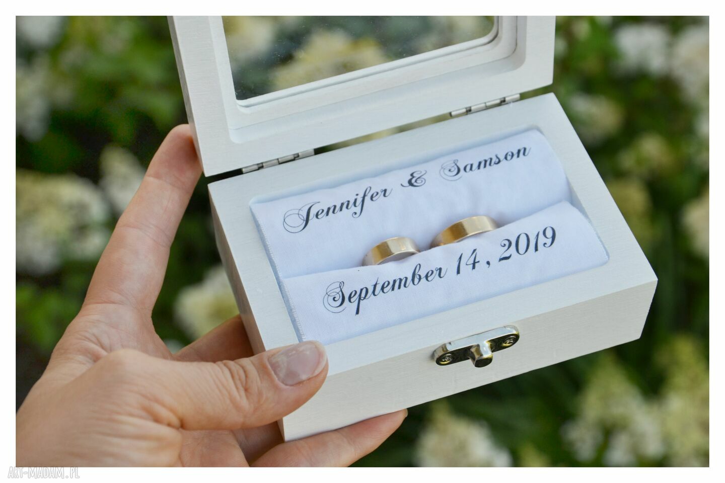 Dębowe pudełko ślubne na obrączki PD8 z szybką - personalizowane