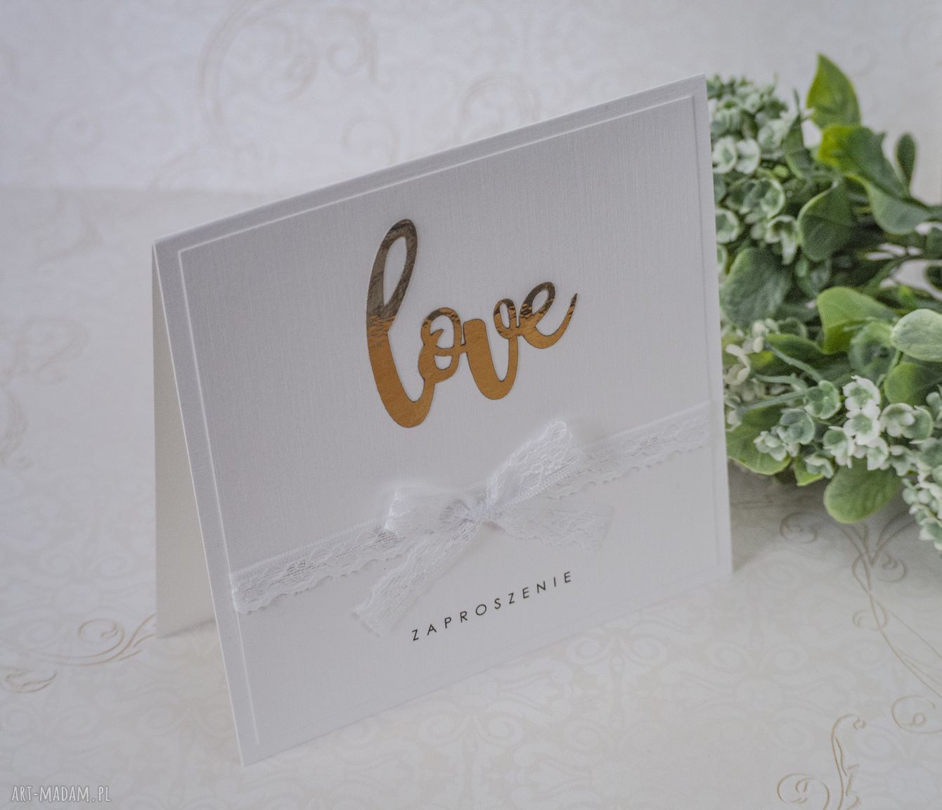 Zaproszenia ślubne LOVE z lustrem i koronką - personalizowane