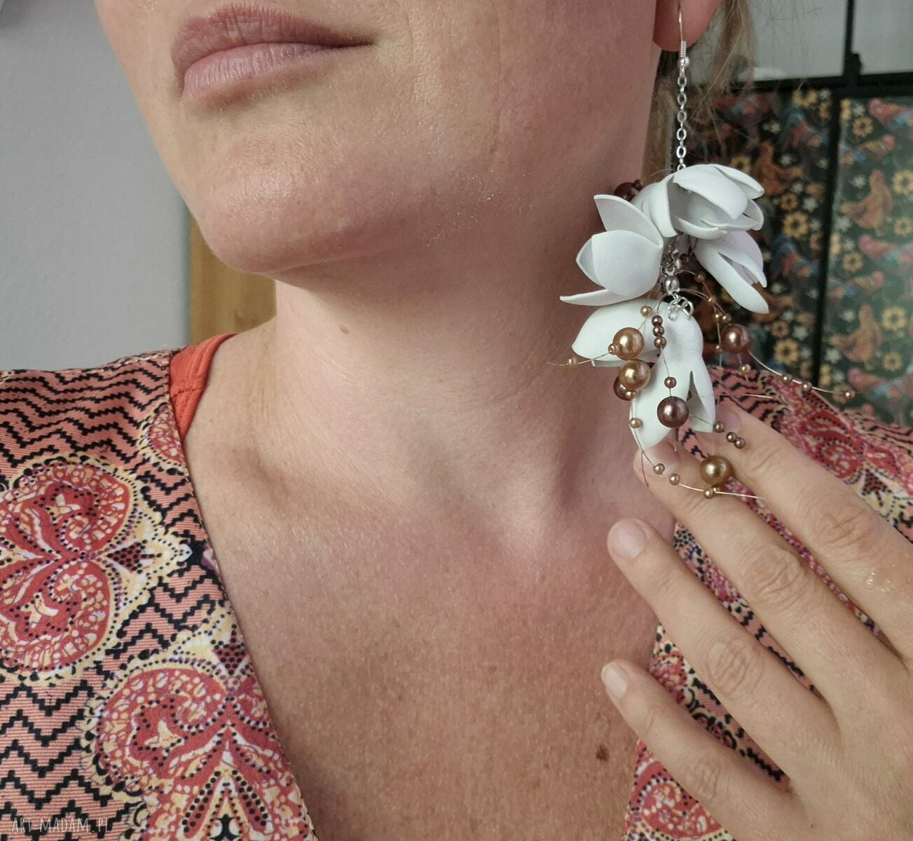 Kolczyki ślubne białe - lekkie folk boho Frida