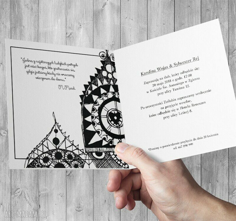 Zaproszenia ślubne ilustrowane piórkiem - komplet 10 szt