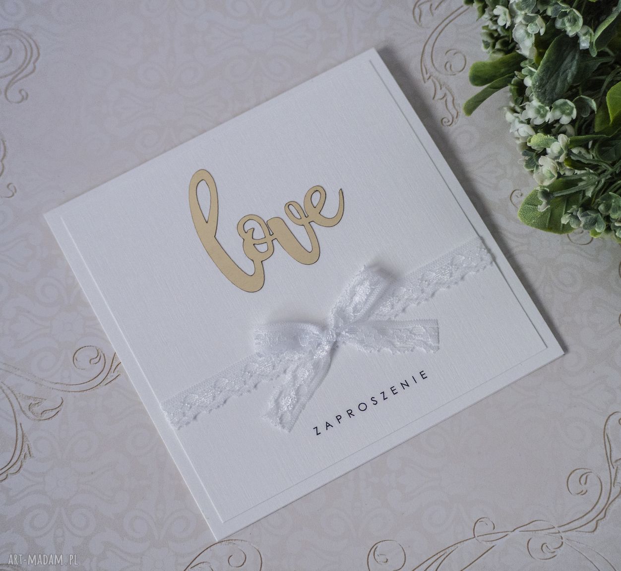 Zaproszenia ślubne LOVE z lustrem i koronką - personalizowane