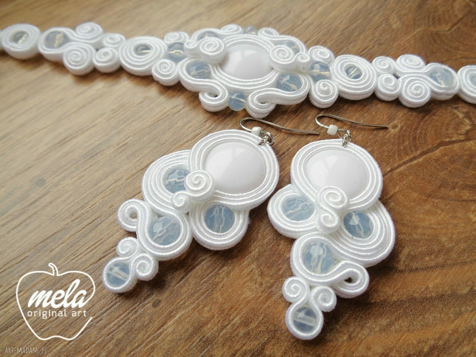 Ślubny komplet sutasz TRISS kolczyki i bransoletka tył bez filcu mela HandMade