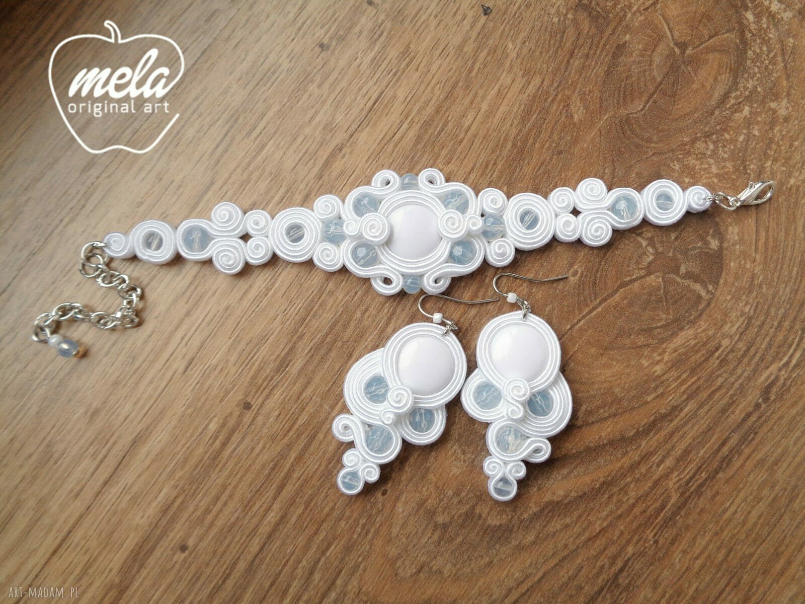 Ślubny komplet sutasz TRISS kolczyki i bransoletka tył bez filcu mela HandMade