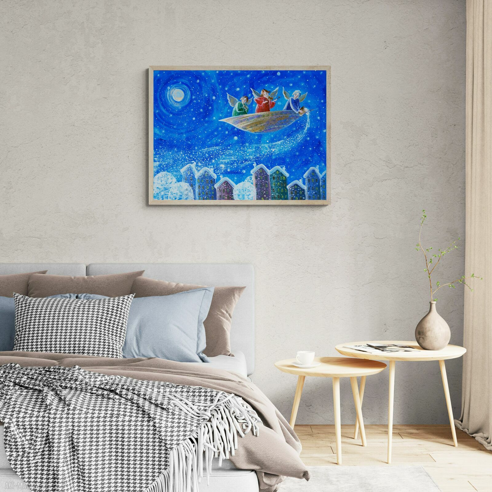 Śnieg nad miastem - giclee na płótnie Canvas (zima, anioły, bez ramy)