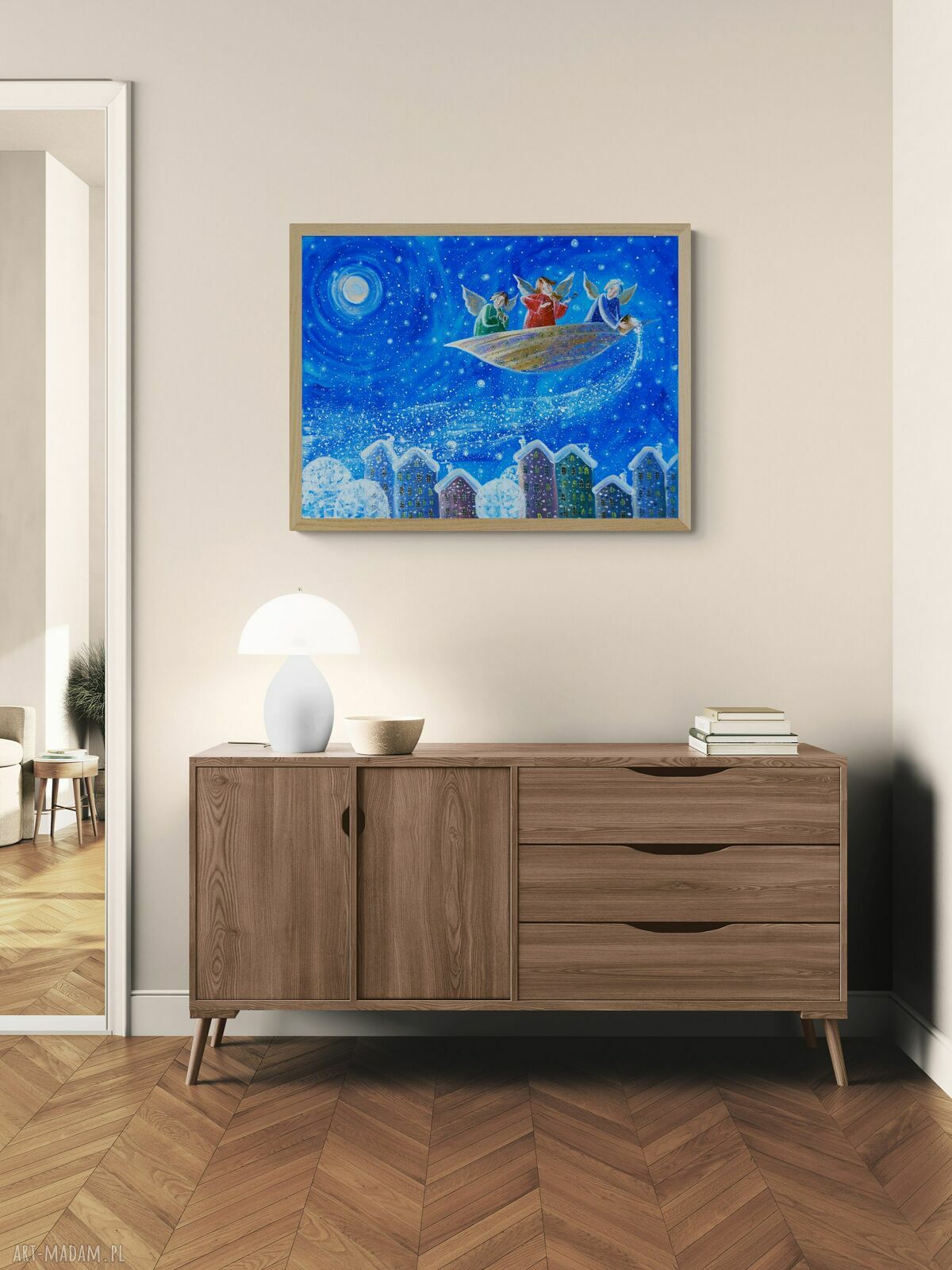 Śnieg nad miastem - giclee na płótnie Canvas zima, anioły, bez ramy