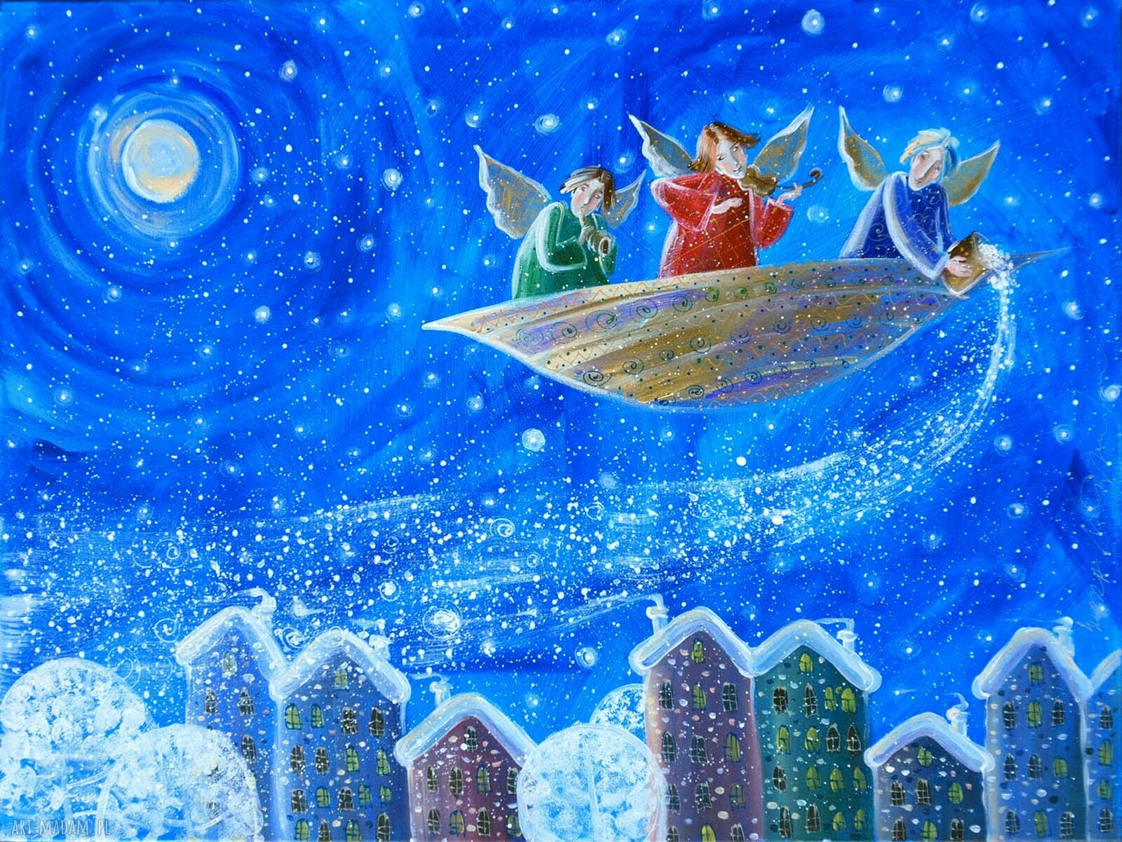 Śnieg nad miastem - giclee na płótnie Canvas (zima, anioły, bez ramy)