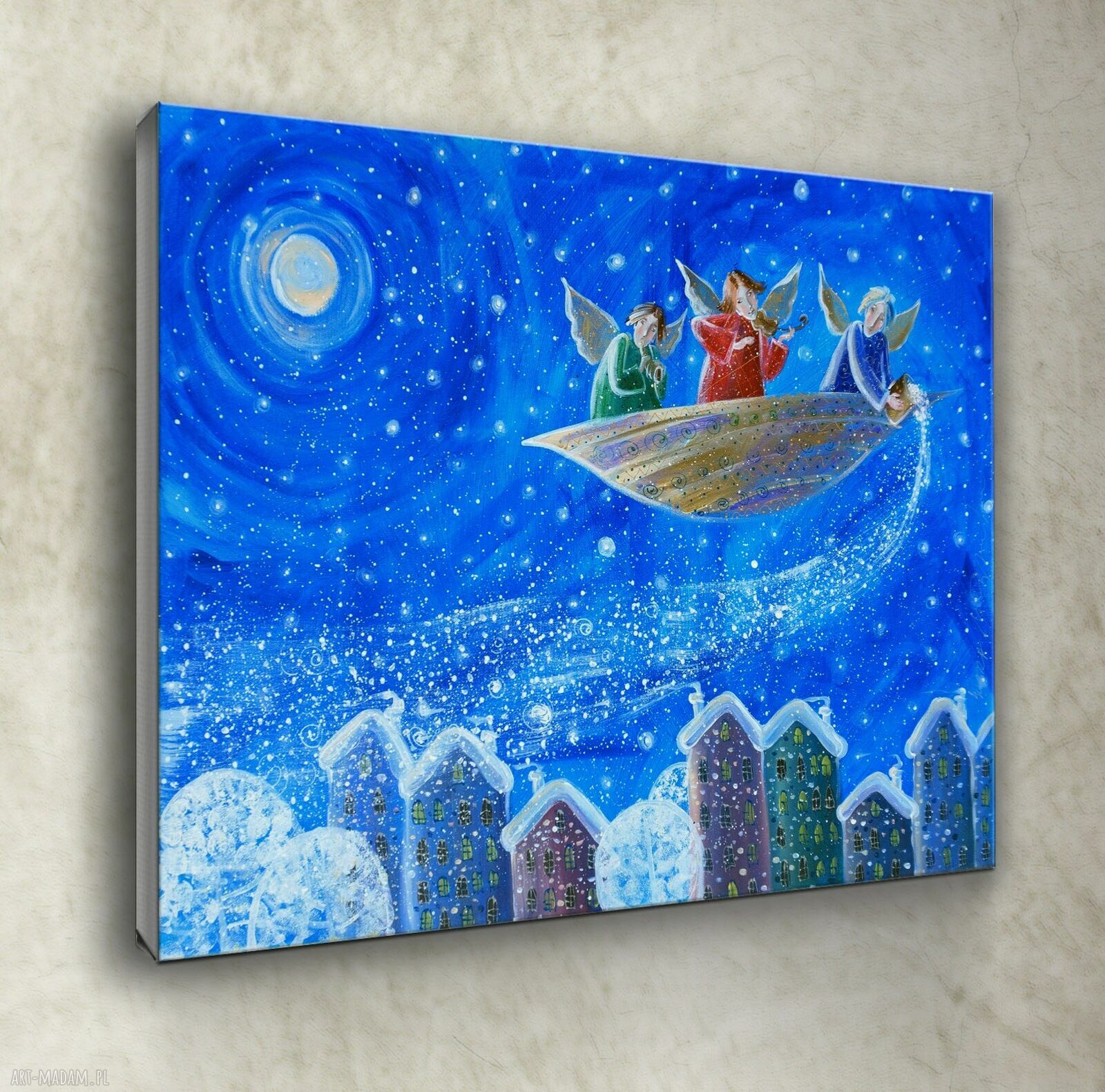 Śnieg nad miastem - giclee na płótnie Canvas (zima, anioły, bez ramy)