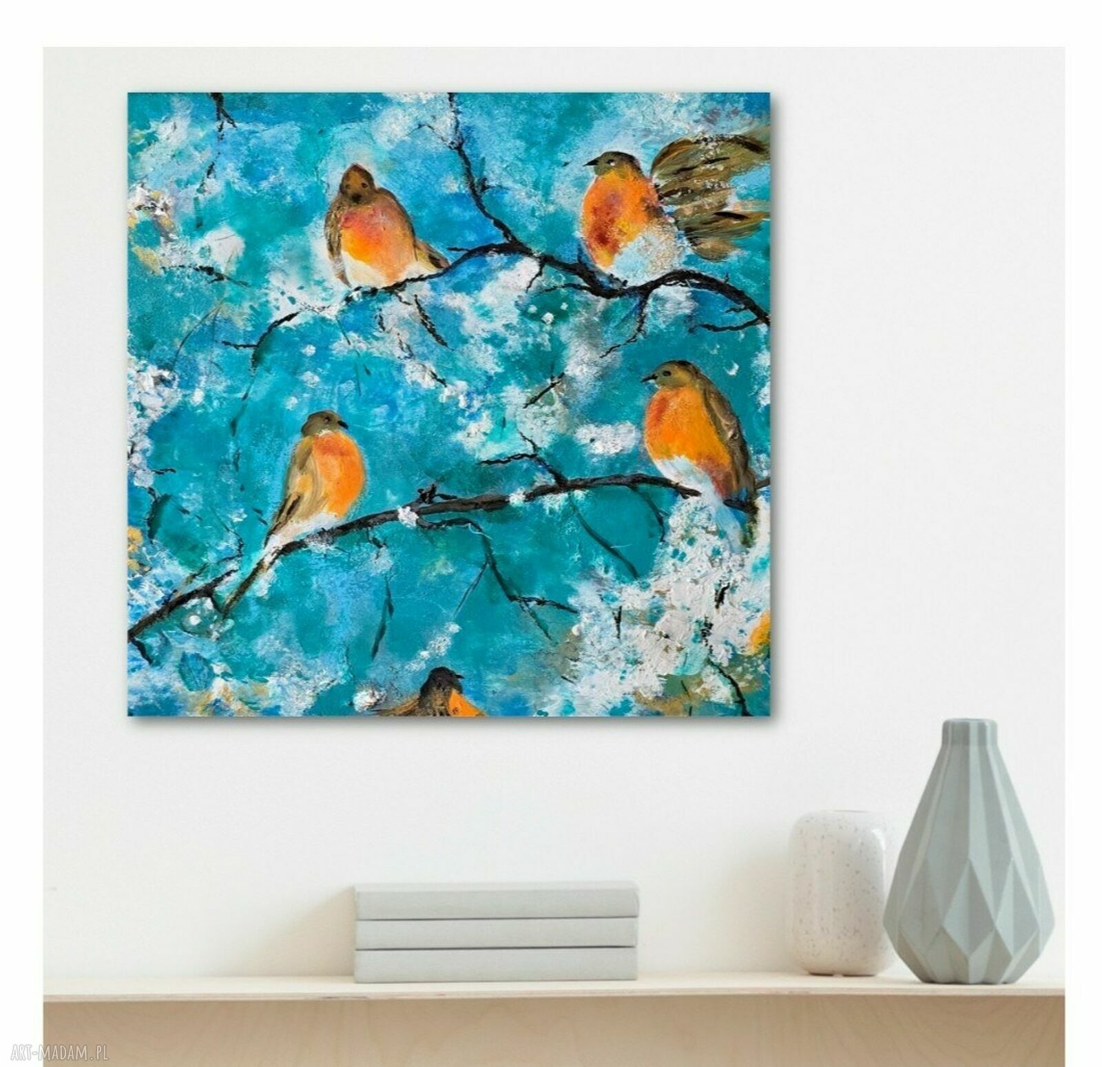 Śnieżne ploteczki - ręcznie malowany obraz akrylowy na płótnie 40x40 cm