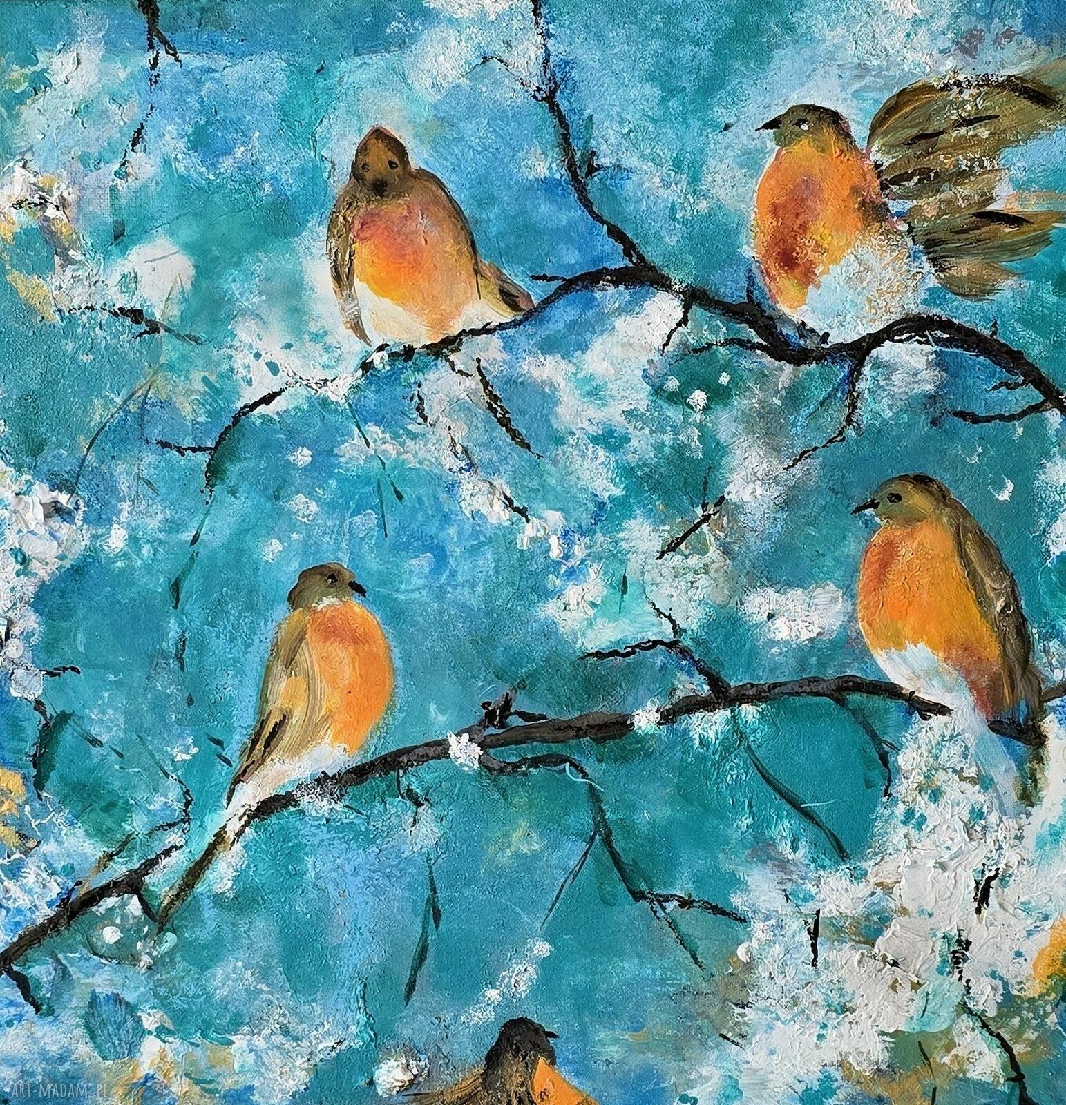 Śnieżne ploteczki - ręcznie malowany obraz akrylowy na płótnie 40x40 cm