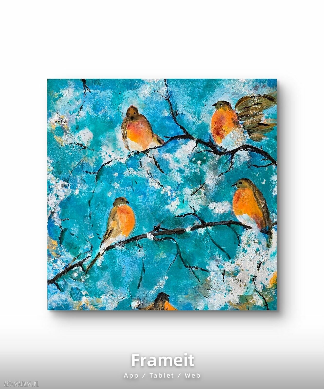 Śnieżne ploteczki - ręcznie malowany obraz akrylowy na płótnie 40x40 cm