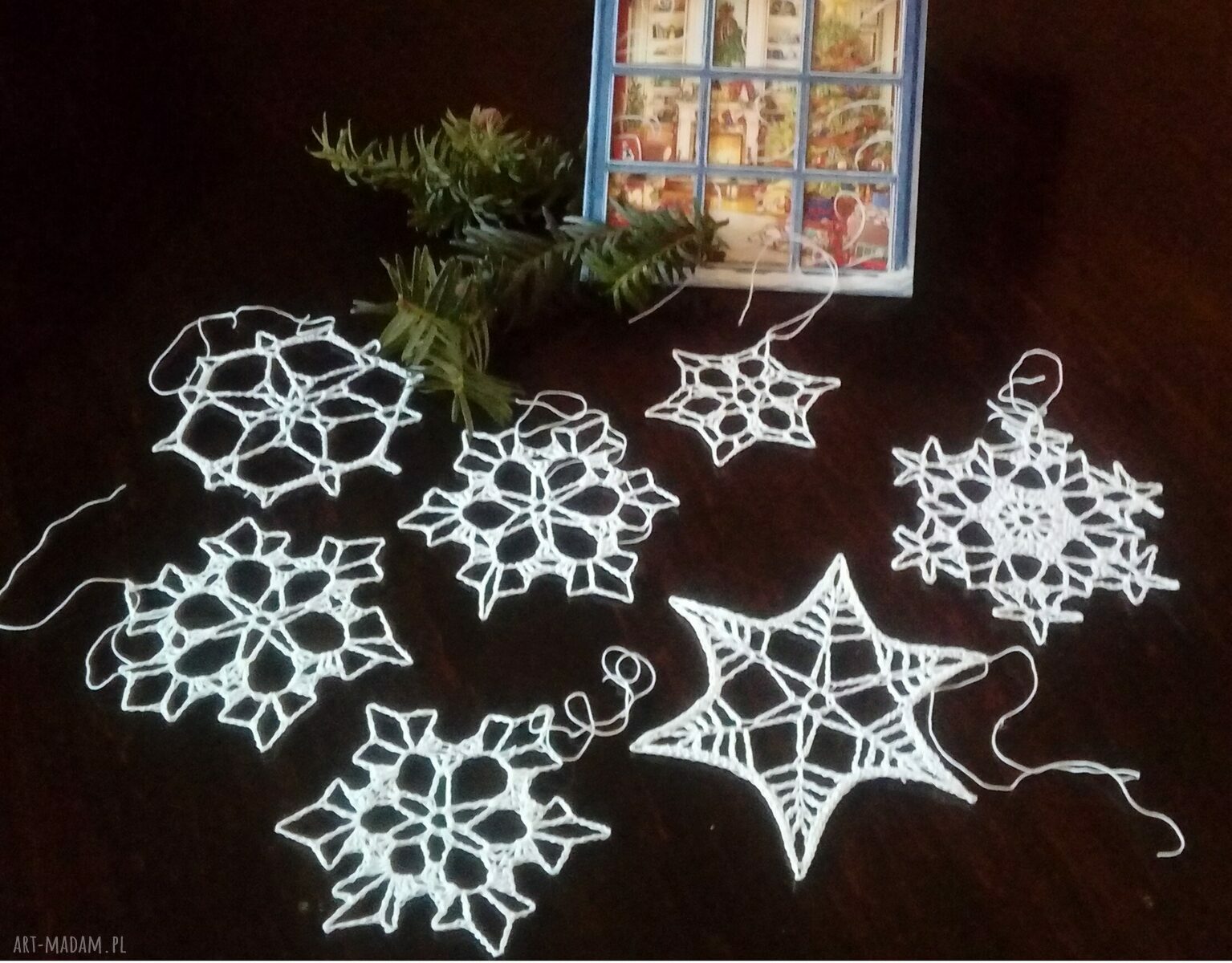 Śnieżynki 7 szt - białe zawieszki na choinkę handmade