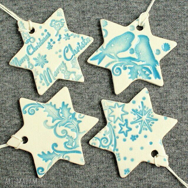Błyszczące śnieżynki - zestaw 4 ceramicznych zawieszek