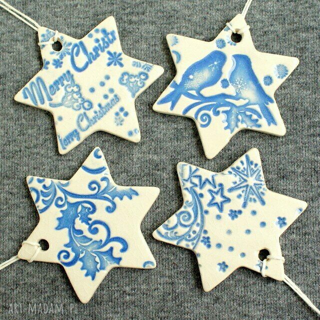 Snieżynki ceramiczne - zestaw 4 błyszczących zawieszek na choinkę