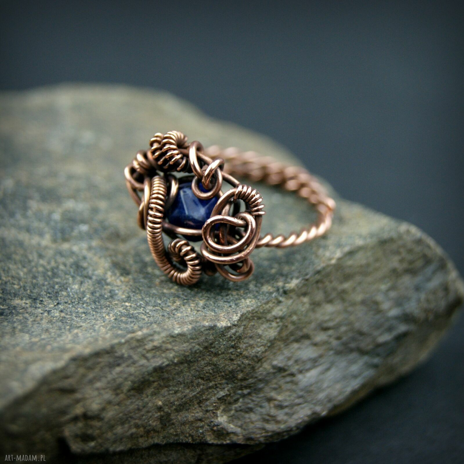 Sodalit regulowany pierścionek z miedzi - wire wrapping