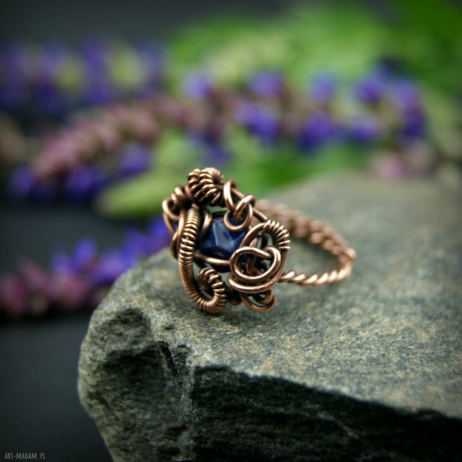 Sodalit regulowany pierścionek z miedzi - wire wrapping