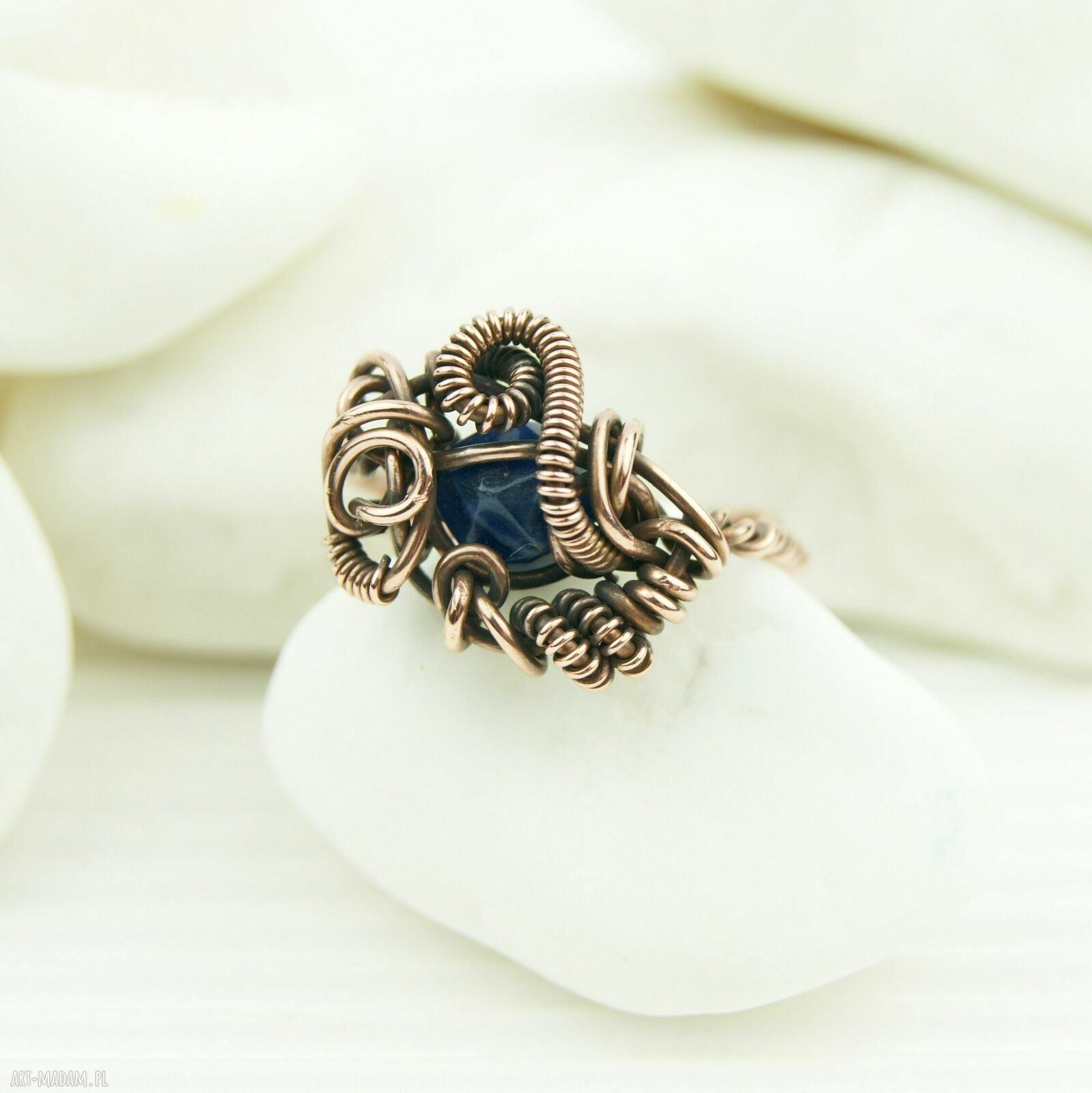Sodalit regulowany pierścionek z miedzi - wire wrapping