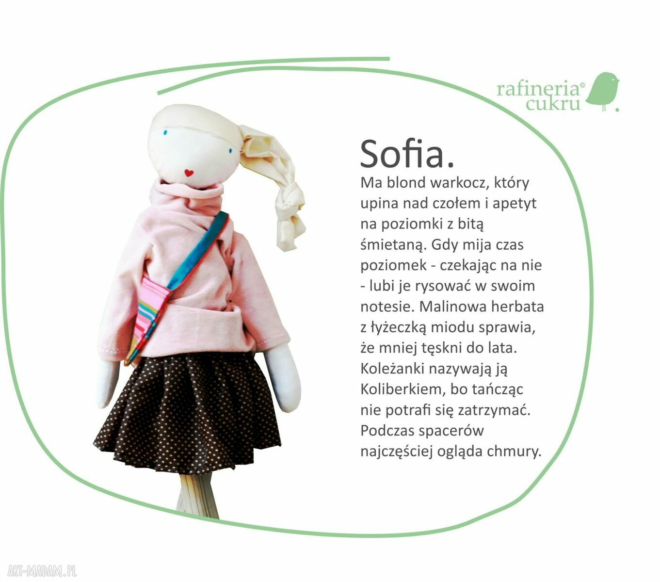 Sofia Pink - szmaciana lalka z sercem (54 cm), ręcznie szyta