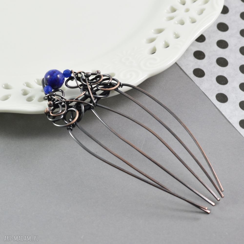 Something Blue - grzebyk do włosów z miedzi, jadeitem i lapis lazuli