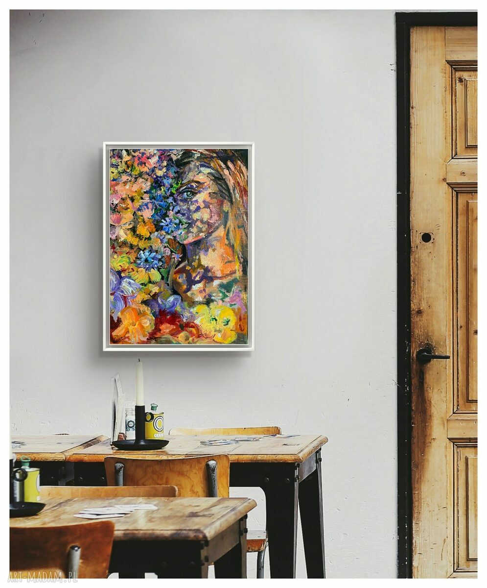 Obraz SOPHIE 70x50 - ręcznie malowany portret kobiety w kwiatach