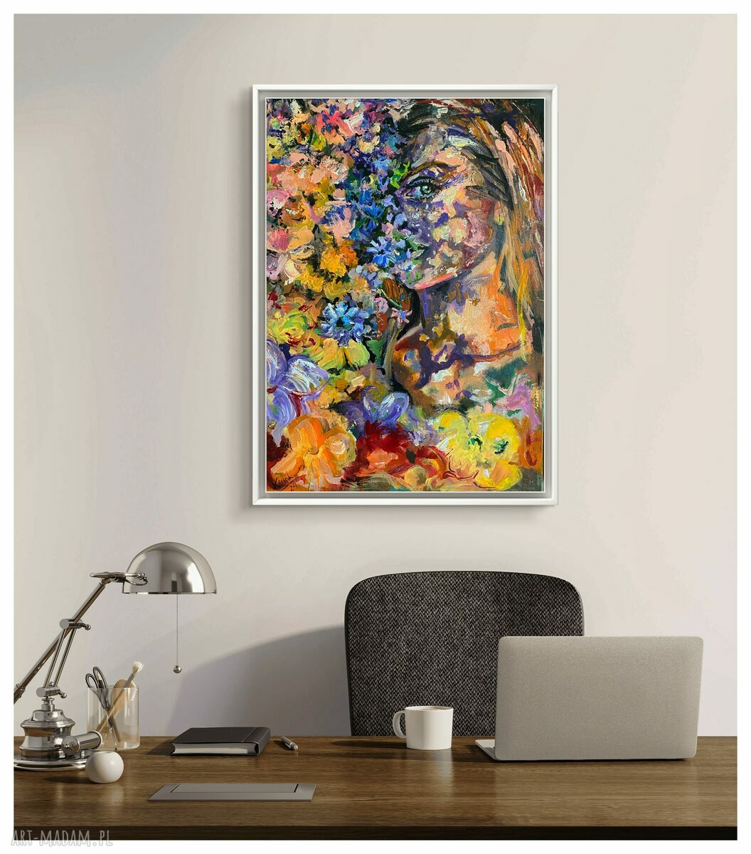 Obraz SOPHIE 70x50 - ręcznie malowany portret kobiety w kwiatach