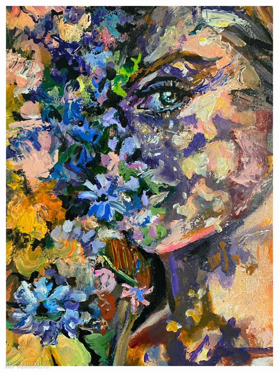 Obraz SOPHIE 70x50 - ręcznie malowany portret kobiety w kwiatach
