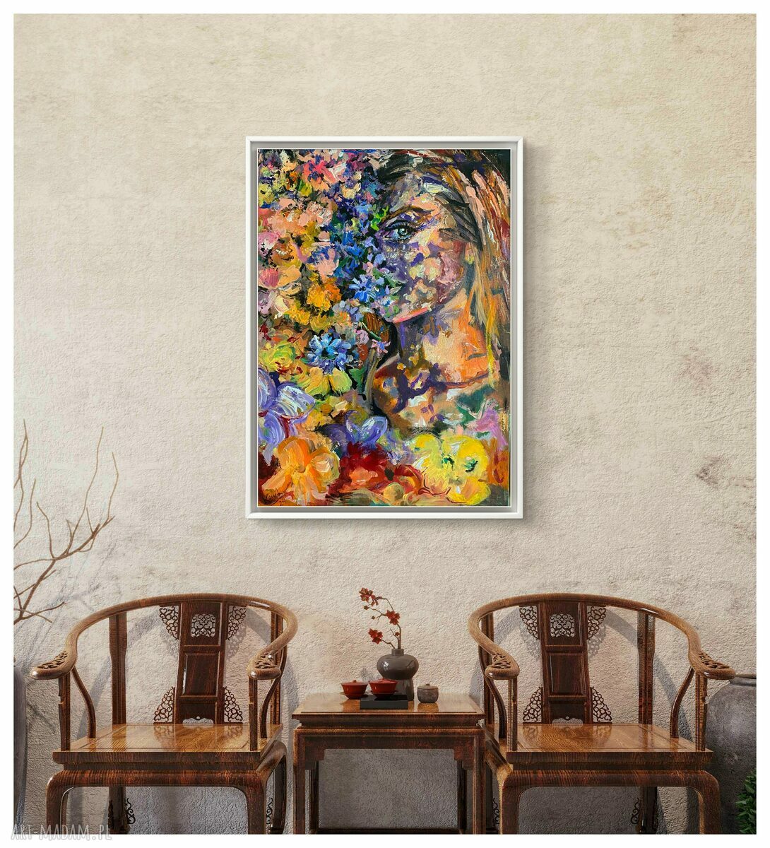 Obraz SOPHIE 70x50 - ręcznie malowany portret kobiety w kwiatach