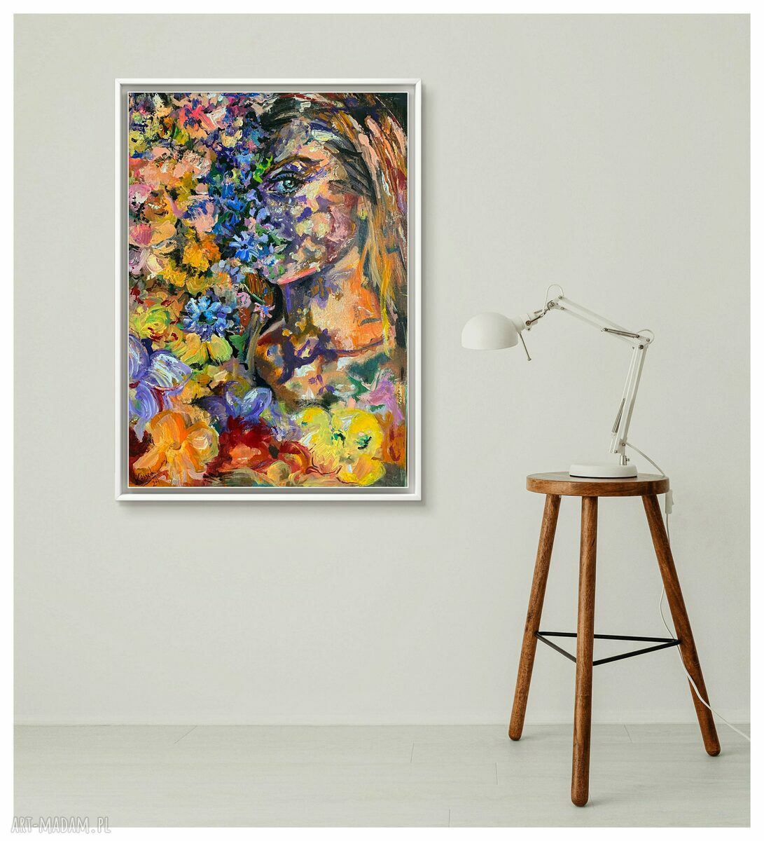 Obraz SOPHIE 70x50 - ręcznie malowany portret kobiety w kwiatach